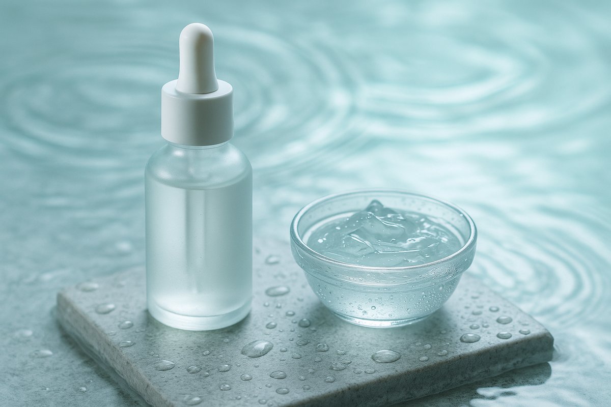 Hydrating facial serum and clear gel with water droplets, cool clinical still life for HydraFacial treatment