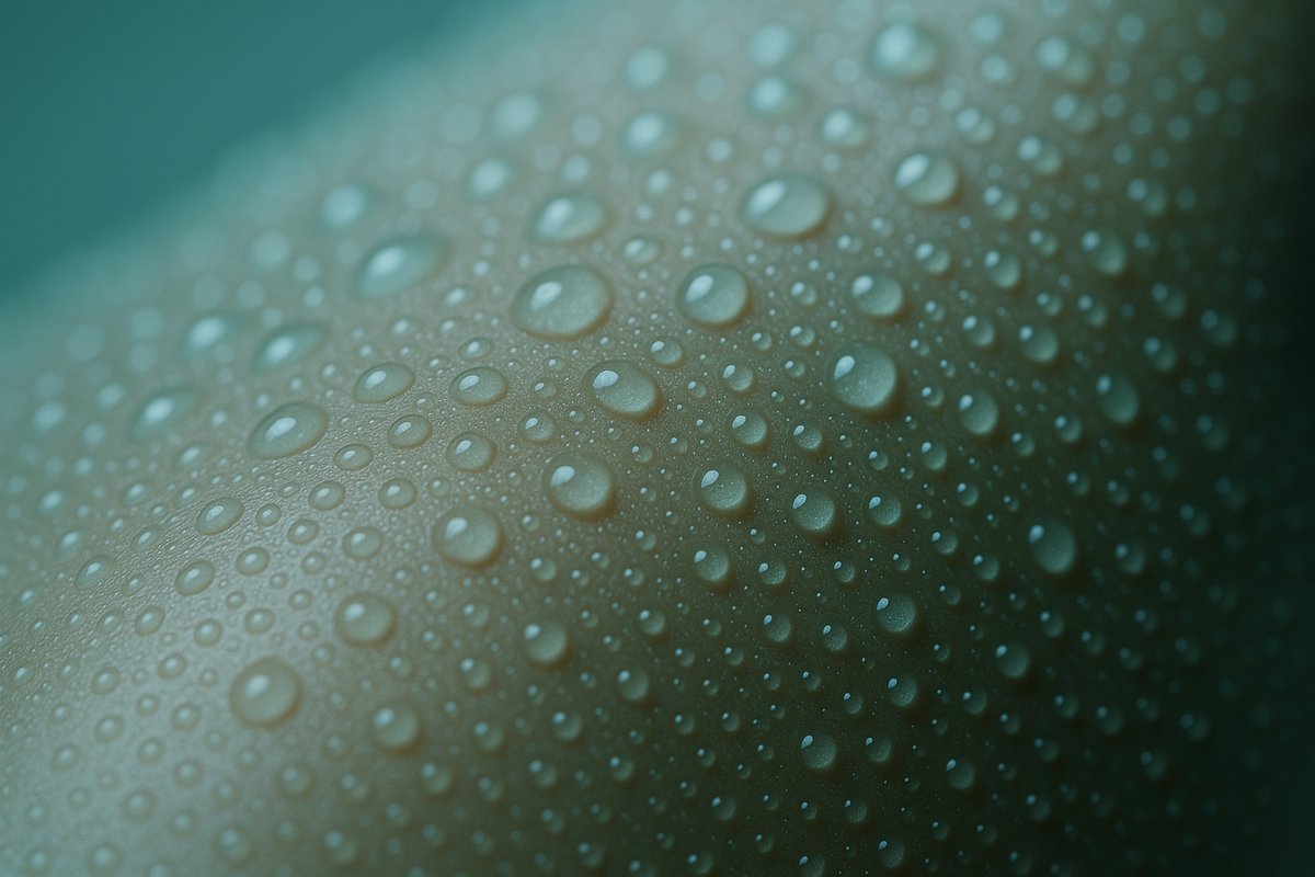Extreme close up of hydrated skin with fine water droplets after a HydraFacial, cool teal editorial light