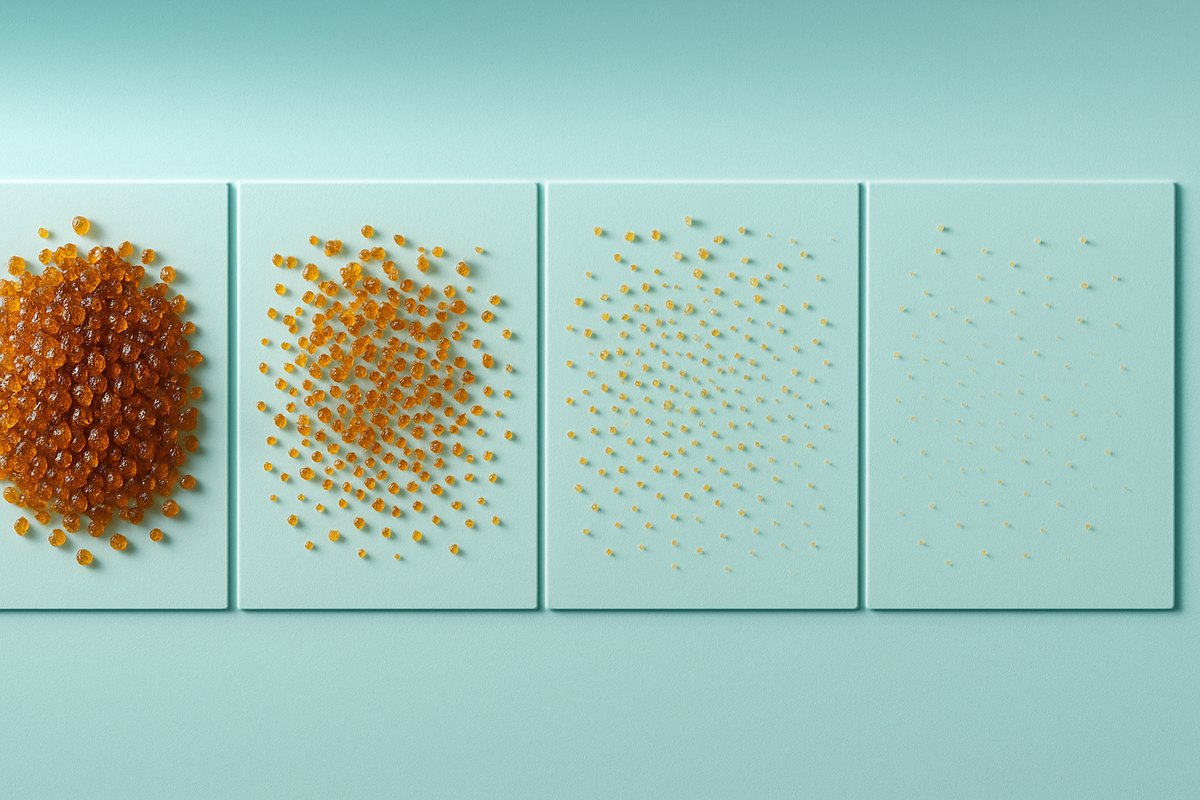 Four panels showing a cluster of amber grains becoming finer and fainter from left to right under cool turquoise light, representing pigment clearing across a course of Aerolase laser sessions