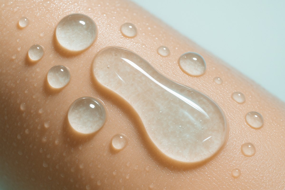 Water droplets and clear serum on dewy skin in cool teal tones, representing hydration after professional pore clearing