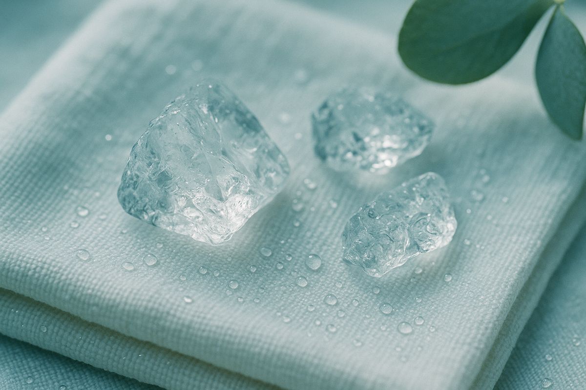 Ice fragments and condensation on a folded white cloth with a eucalyptus leaf, cold compress aftercare after lip injections at Halcyon Medispa London