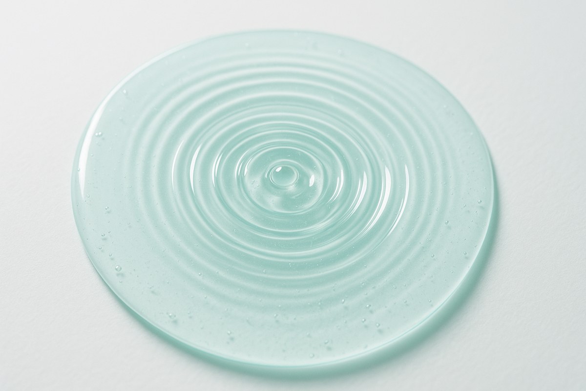 Concentric ripples spreading through pale mint gel, representing collagen building gradually in the months after a HIFU treatment