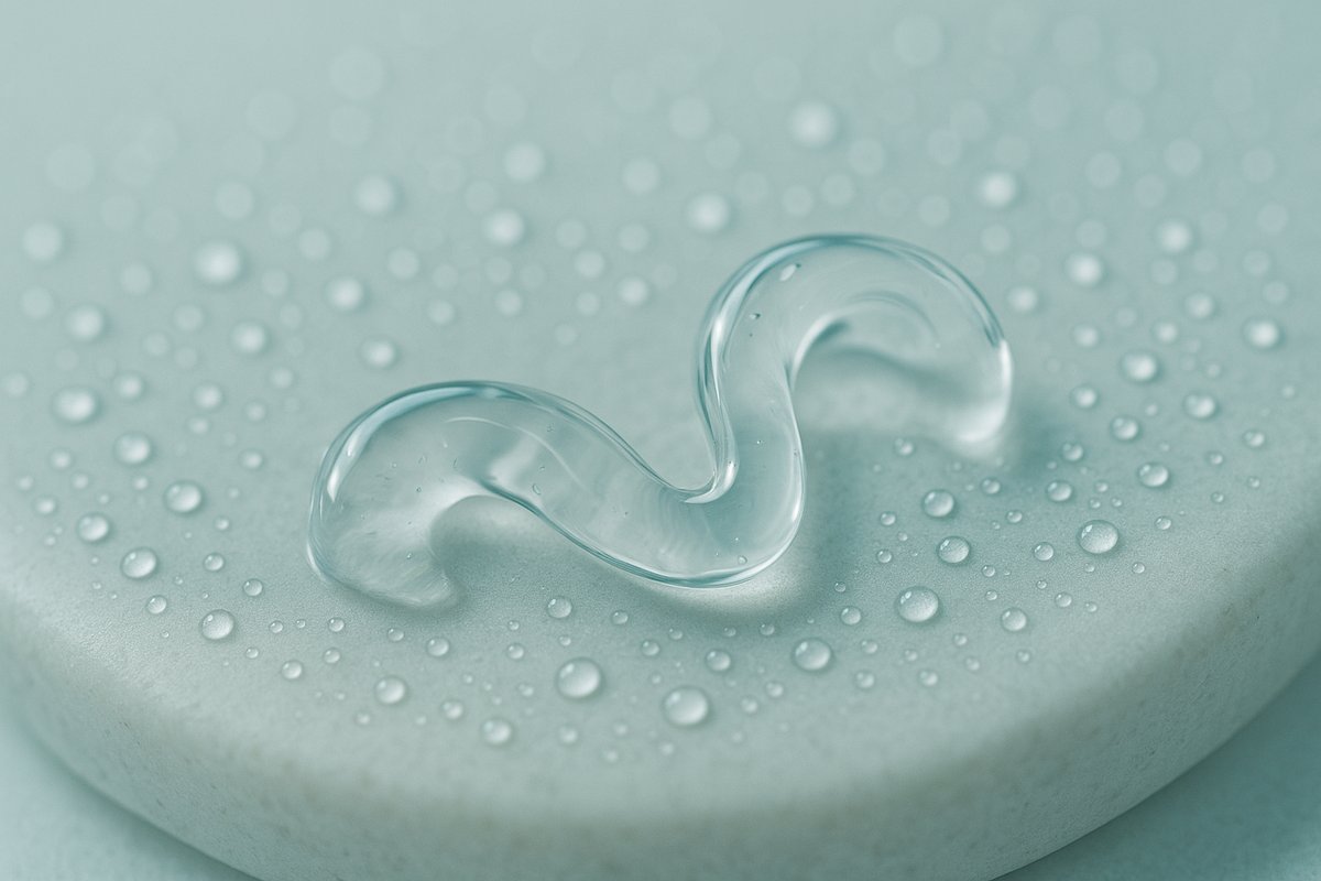 Clear hyaluronic gel ribbon and water droplets on a pale teal surface, lip filler aftercare at Halcyon Medispa in Marylebone, London