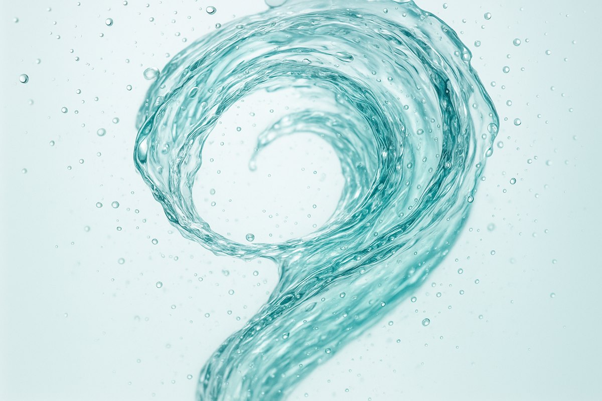 Swirling vortex of clear water and hydrating serum in cool teal tones, representing the HydraFacial vortex technology