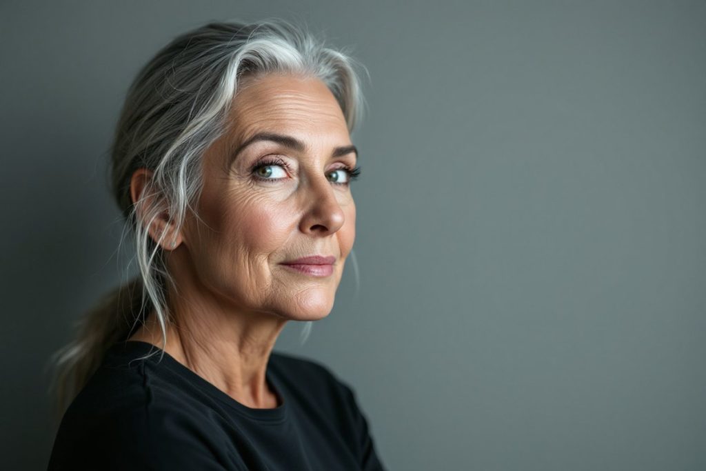 Editorial portrait of a woman in her fifties in cool studio light, natural skin texture and expression lines intact, for the JULAINE collagen bio-activator. A model, not a patient, and not a treatment result.