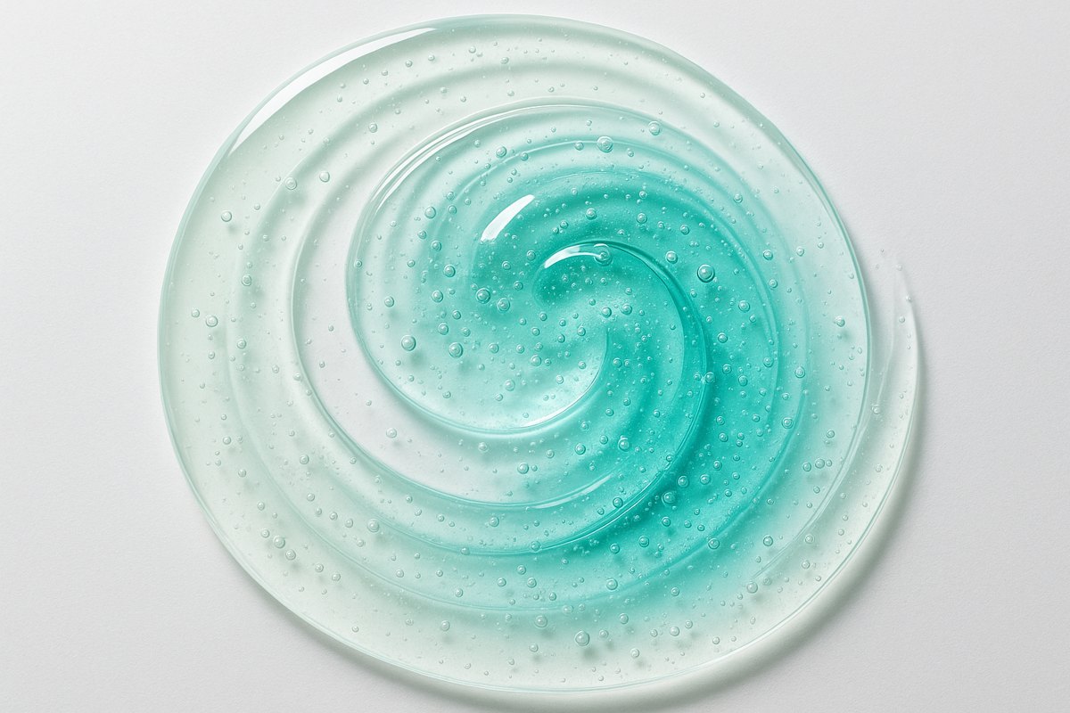 Abstract teal gel and serum swirl with soft highlights, a clinical still life representing salicylic acid and resurfacing products