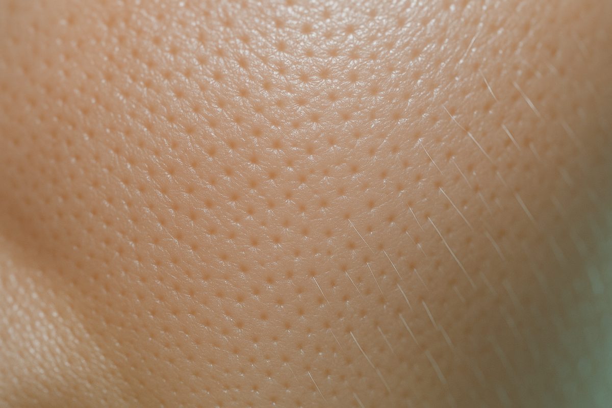 Macro image of healthy cheek skin texture in cool clinical light, the midface area Sculptra is most often used to restore