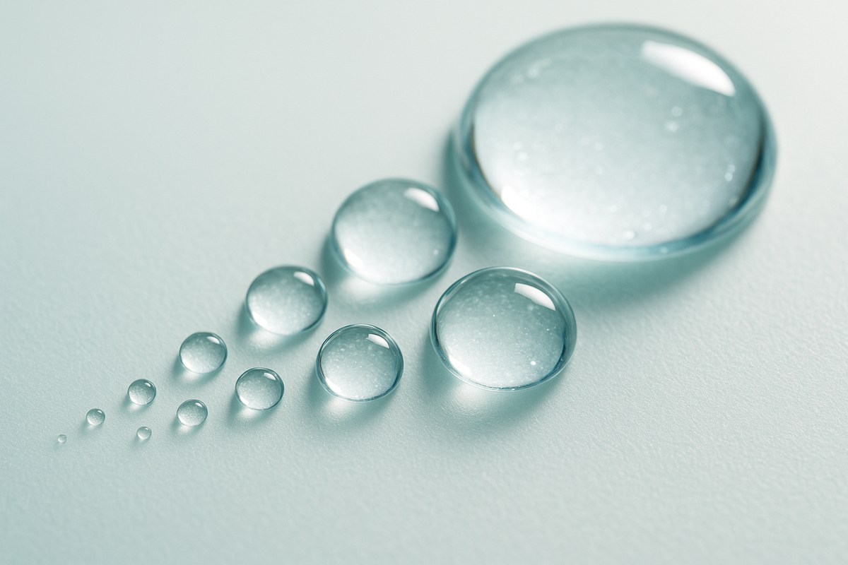Macro image of graduating water droplets on a pale surface in teal light, illustrating the gradual Sculptra results timeline