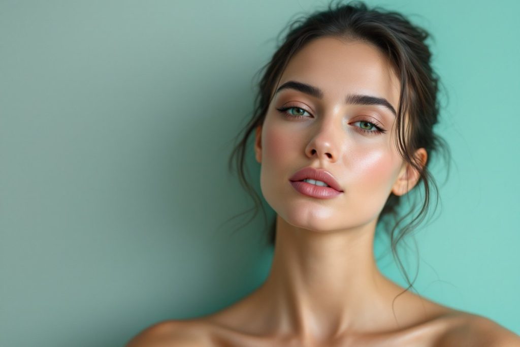 Editorial beauty portrait in cool clinical light, illustrating the naturally hydrated, softly defined lip surface Skinfill Bacio is used to support. A model, not a patient, and not a treatment result.