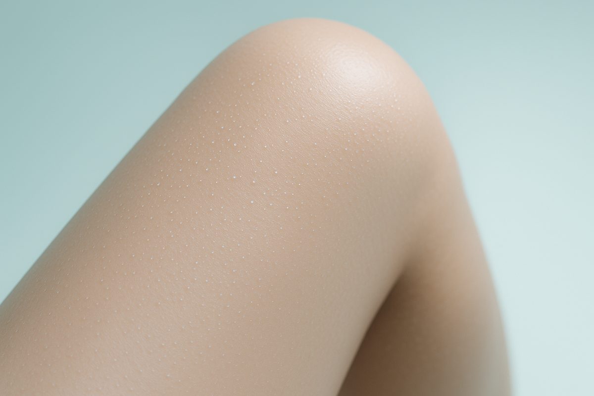 Smooth hair free leg with fine water droplets between laser hair removal sessions, cool mint editorial macro