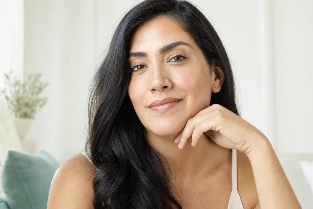 Woman with glowing skin resting her chin on her hand, relaxed and confident