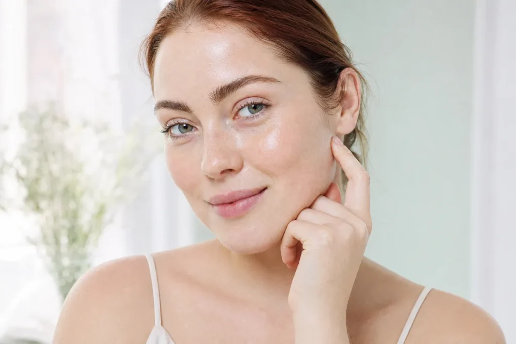 Young woman with healthy, clear skin and auburn hair smiling softly