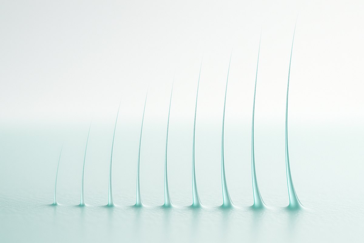A row of fine filaments at progressively greater lengths rising from a pale mint surface, editorial macro representing hair follicles at different stages of the growth cycle between laser sessions