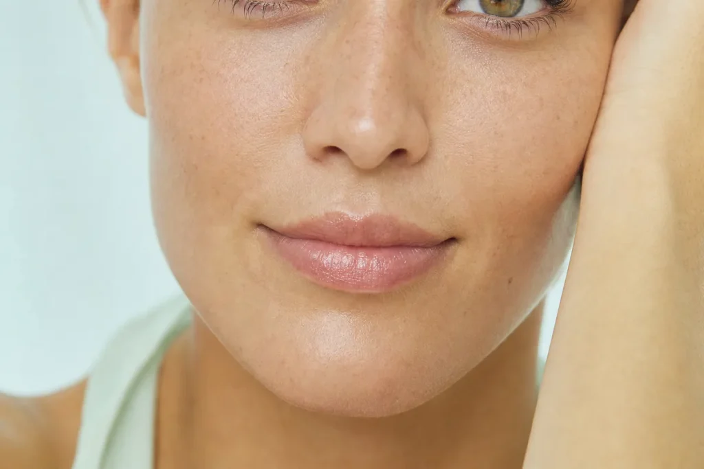 Close up of softly defined, naturally full lips with a light balm sheen