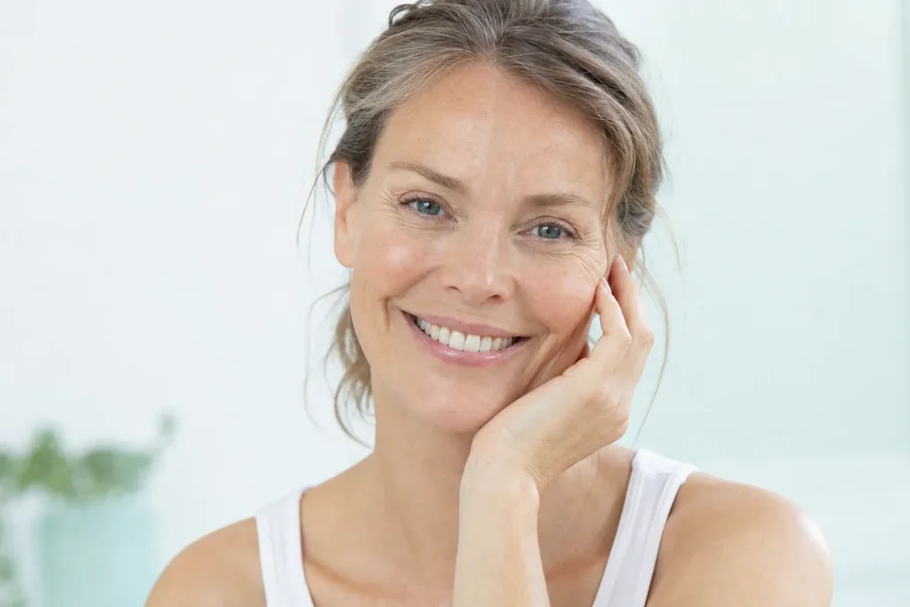Woman in her late forties with naturally full cheeks, fine laughter lines and radiant skin